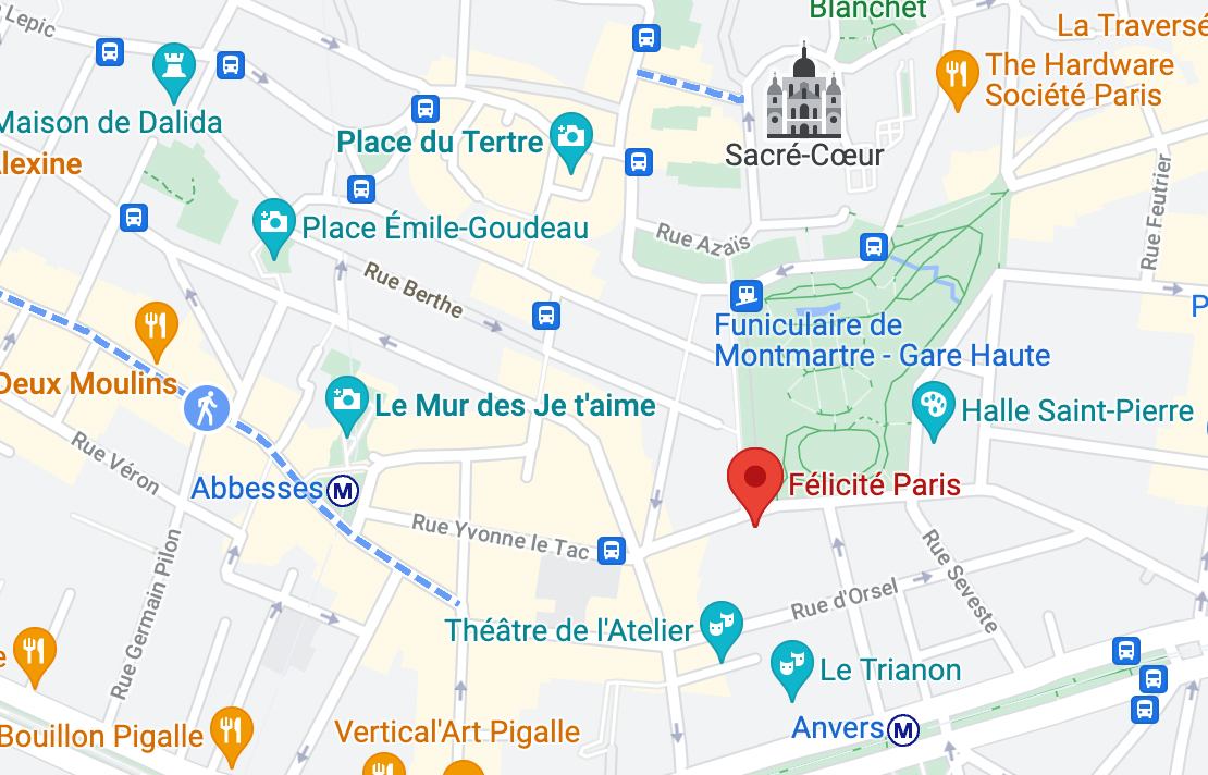 Google plan pour situer la pâtisserie Félicité à Montmartre.